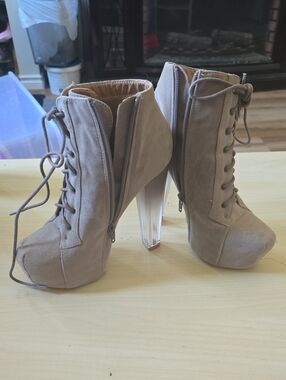 Taupe Lace-Up Platform Ankle Boots with Clear Heel